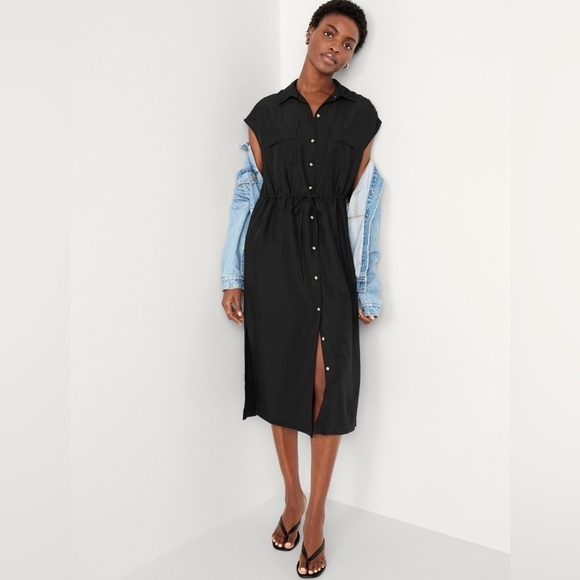 NWT! Old Navy Black Waist-Defined Utility Midi Shirt Dress - Size Large 💜 - Picture 3 of 9
